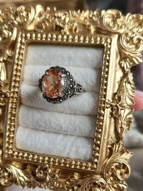 Sterling Silver Ring with Champagne Citrine Stone and Marcasite Accent Filigree